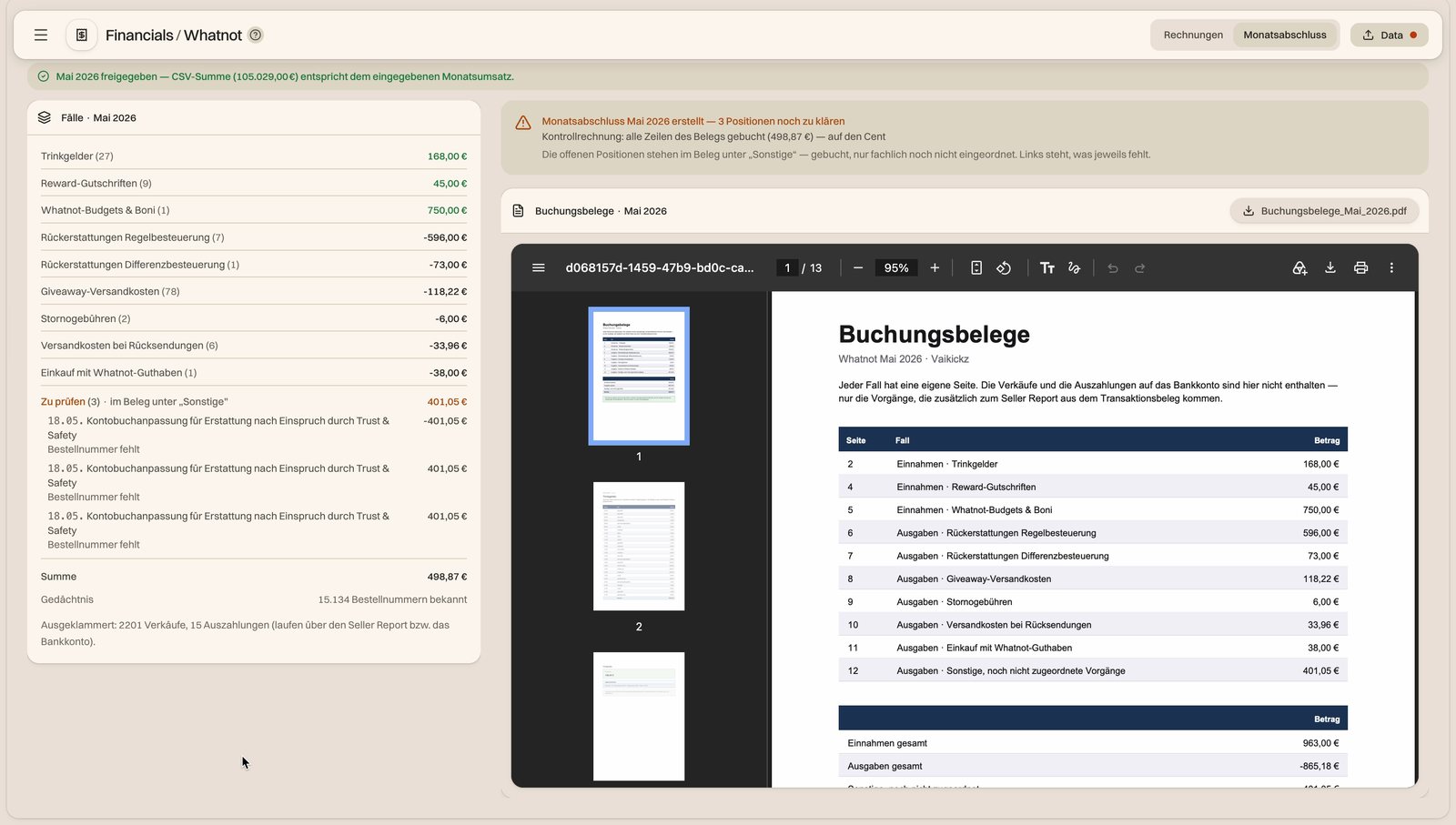 Monatsabschluss: Liste der Fälle mit Trinkgeldern, Gutschriften, Rückerstattungen und Versandkosten, daneben der erzeugte PDF-Buchungsbeleg