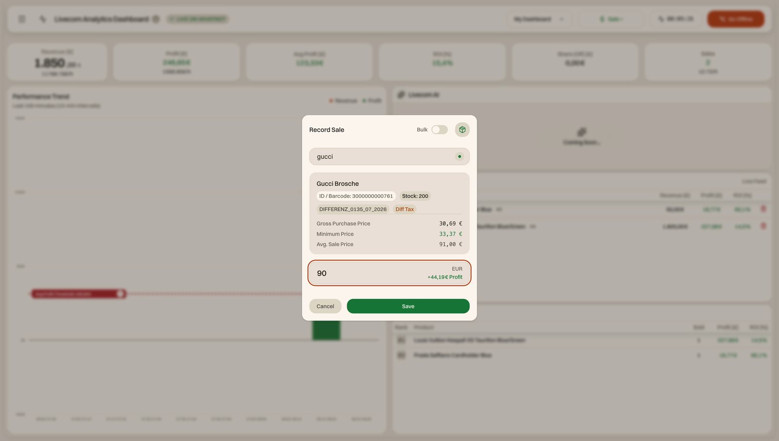 Verkauf erfassen: Artikel mit Barcode, Bestand, Besteuerungsart, Einkaufspreis und Mindestpreis, darunter der eingegebene Preis mit dem berechneten Profit